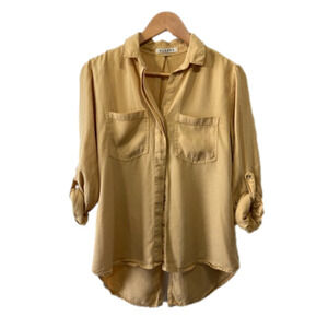 HARPER XS mustard shacket button down blouse roll tan sleeve split hem flowey